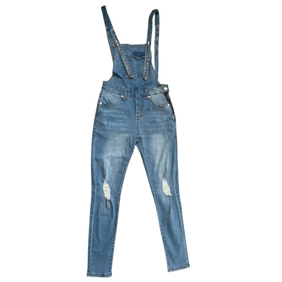 Women's Light Blue Skinny Ripped Denim Jeans Overalls - Picture 4 of 4